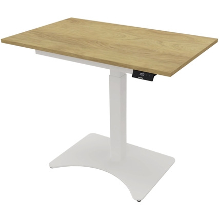 Höhenverstellbarer Schreibtisch mit Holzplatte in natürlichem Hickory und weißem Gestell.