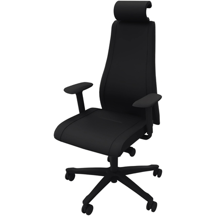 Schwarzer Bürodrehstuhl mit Kopfstütze, ergonomischem Design und verstellbaren Armlehnen.