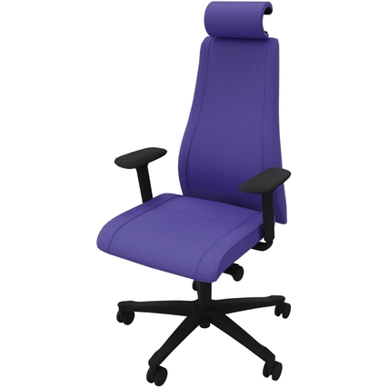 Bürodrehstuhl mit Kopfstütze in Blau und schwarzem Fußgestell, für ergonomischen Komfort gestaltet.