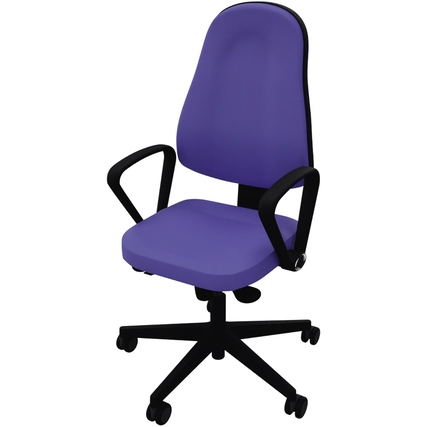 Drehstuhl mit breitem Sitzpolster und schwarzem Gestell in blauem Design.