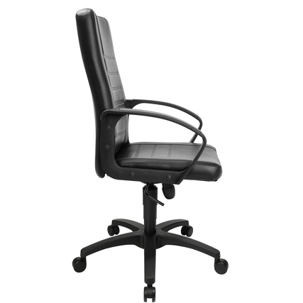 Schwarzer Chefsessel mit seitlicher Sicht, ergonomischem Design und Rädern.