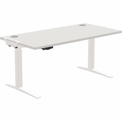 Grauer höhenverstellbarer Schreibtisch mit zwei Kabeldurchlässen und LED-Kontrollelement.