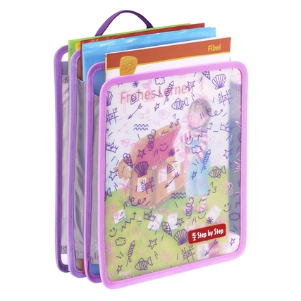 Faltbare Heftbox in Pink und Transparent mit ausziehbaren Seiten und Tragegriff.