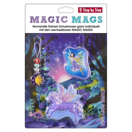 Magnetische Schulranzen-Accessoires in Form von Einhorn und Fee auf bunter Hintergrundkarte.
