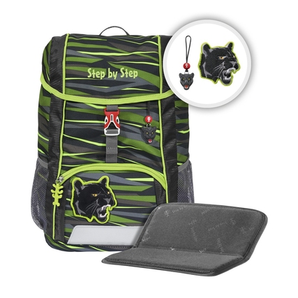 Grüner Rucksack mit schwarzem Panther-Motiv, abnehmbarer Anhänger und Sitzkissen.