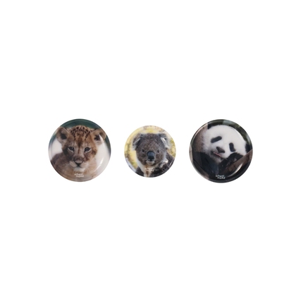 Drei runde Motivpatches mit Tierkindern: Löwe, Koala und Panda.