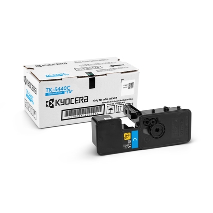 Cyanfarbener Toner TK-5440C neben der originalen Verpackung.