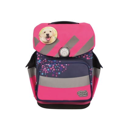 Neonpinkfarbener Schulranzen mit reflektierenden Elementen und einer Klettfläche auf dem Deckel.
