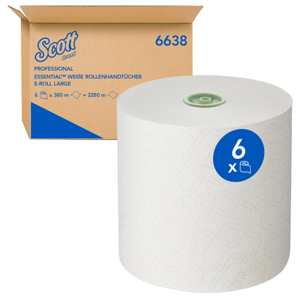 Weiße Handtuchrolle in der Verpackung, mit der Aufschrift "6 x 380 m" und einer Rolle daneben.