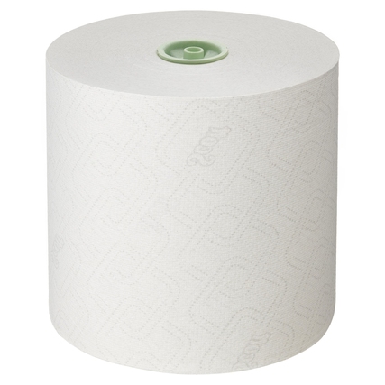 Weißer Papierhandtuchrolle mit grüner Innenkern, geprägt mit dem Scott®-Logo.