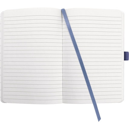 Liniertes Notizbuch im DIN A6 Format mit blauen Seiten und einem Lesezeichen.