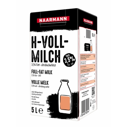 Packung H-Milch 5 l mit Informationen zur Herstellung und Nährwerten in mehreren Sprachen.