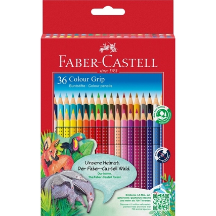 Packung mit 36 färbigen Buntstiften in verschiedenen Farben, präsentiert auf rotem Hintergrund.