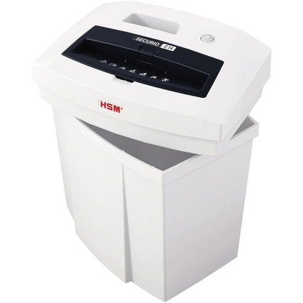 Aktenvernichter mit weißem Gehäuse und Papiereinzug, teilweise offen, für das Home-Office.