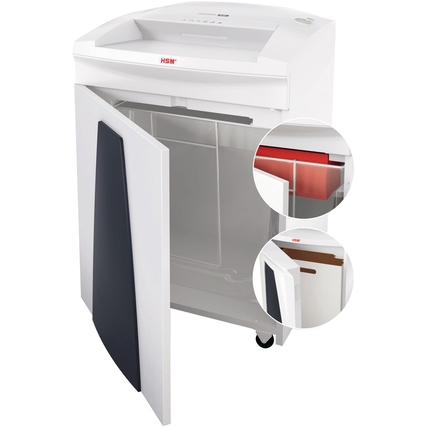 Aktenvernichter mit offenem Müllbehälter und Detailansichten der Innenseiten.