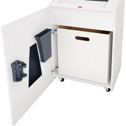 Aktenvernichter in einem weißen Holzschrank, mit offenem Fach und Auffangbeutel.