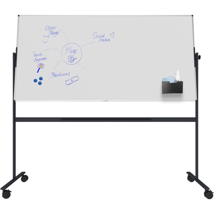 Doppelseitiges, drehbares Whiteboard auf mobilem Stativ mit Notizen und Zubehör im Bild.