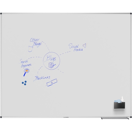 Weißes Whiteboard mit skizzierten Notizen, Stiften und Magnetzubehör in der Ecke.