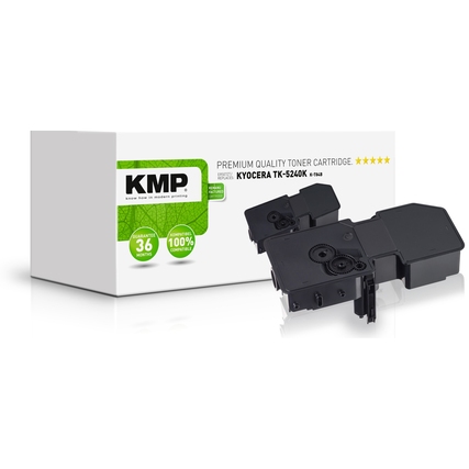 Schwarzer kompatibler Toner KMP TK-5240K neben einer weißen Verpackung mit grünem Design.