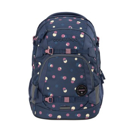 Blauer Schulrucksack mit bunten Punkten und Vordertasche.