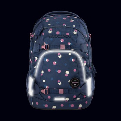 Rucksack mit buntem Punktedesign und reflektierenden Elementen, frontal abgebildet.