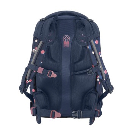 Rückansicht eines Schulrucksacks mit gepolstertem Rücken und verstellbaren Schulterträgern.