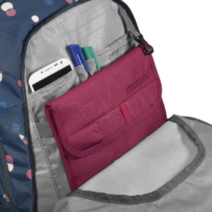 Innenansicht eines Schulrucksacks mit Stiftschlaufe und Smartphone-Fach.