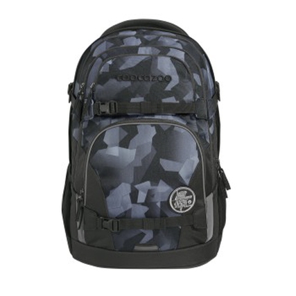 Schulrucksack in Grau mit geometrischem Muster und mehreren Fächern auf Vorderseite.