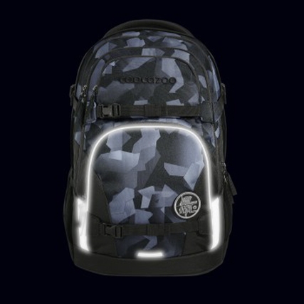 Grau-schwarzer Schulrucksack mit reflektierenden Elementen und mehreren Fächern.