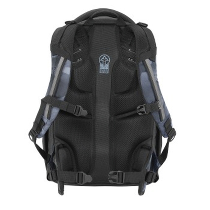 Rückansicht eines grauen Schulrucksacks mit gepolstertem Rücken und verstellbaren Schulterträgern.