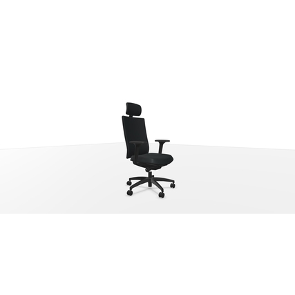 Bürodrehstuhl mit Armlehnen und Nackenstütze, hohe flexible Rückenlehne, in Schwarz.