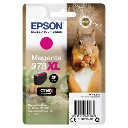 Magenta Tintenpatrone 378XL in Verpackung mit Eichhörnchen im Hintergrund.
