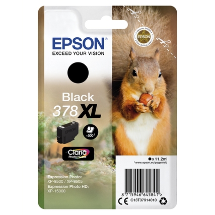 Schwarze Epson Tintenpatrone 378XL in Verpackung mit einem Eichhörnchen im Hintergrund.