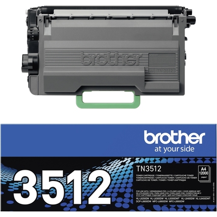 Schwarzer Brother Toner TN-3512 in Packung mit Sicht auf Karton und Toner.