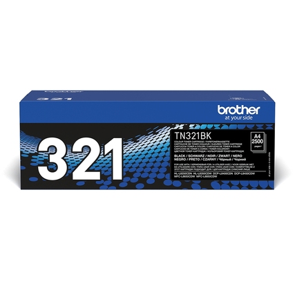 Schwarze Verpackung des Brother Toners TN-321BK mit blauem Design und Produktinformationen.