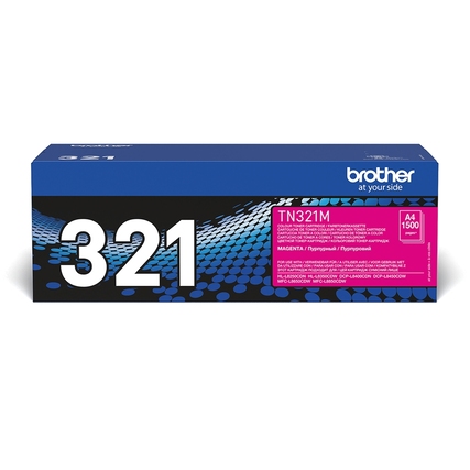 Magenta Toner Karton mit der Bezeichnung TN-321M auf blauem Hintergrund.