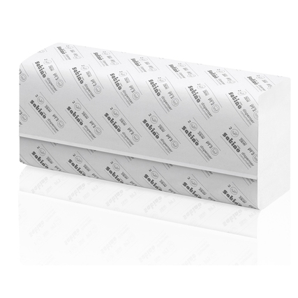 Papierhandtücher in einer Verpackung mit weißem Papier und grauem Druck.