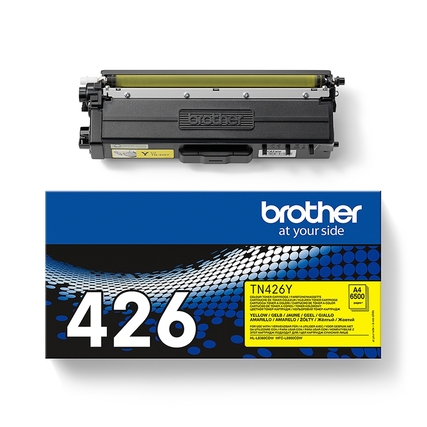 Gelbe Tonerkassette TN-426Y von Brother neben der Verkaufsverpackung auf weißem Hintergrund.