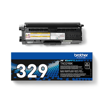 Schwarzer Toner Brother TN-329BK in der Verpackung, seitliche Ansicht des Produkts.