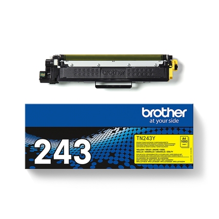 Gelber Toner Brother TN-243Y in seiner Verpackung und daneben liegendem Toner.