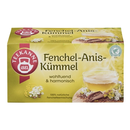 Packung mit Teebeuteln der Mischung Fenchel-Anis-Kümmel in einer gelben Verpackung.