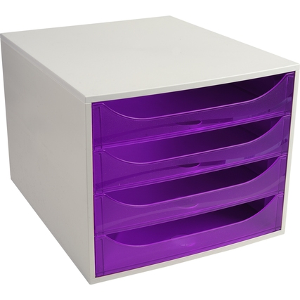 Schubladenbox mit vier transluzenten violetten Schubladen und weißem Gehäuse.