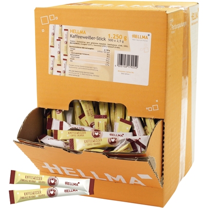 Displaykarton mit Kaffeeeweißer-Sticks in Einzelverpackungen.