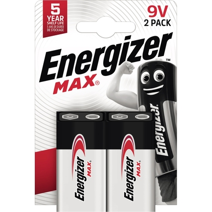 Zwei 9V Energizer Max Batterien in Verpackung mit Abbildung und Energie-Icon.