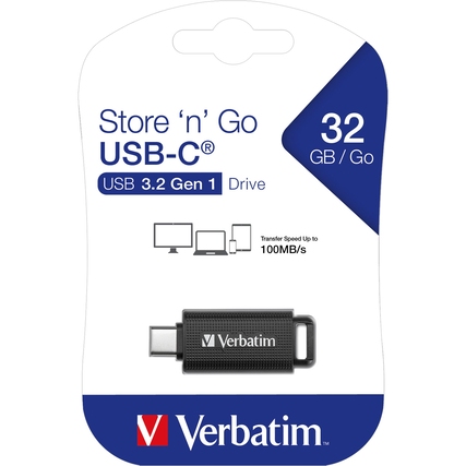 USB-C-Stick in Verpackung mit Kapazität 32 Gbyte und markantem Logo auf der Vorderseite.