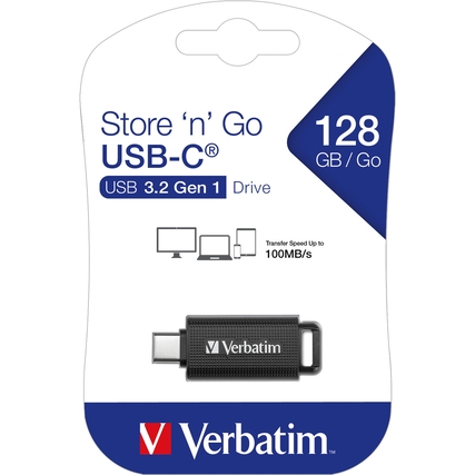 USB-C-Stick in Verpackung mit 128 GB Kapazität und Hinweis auf hohe Übertragungsgeschwindigkeit.