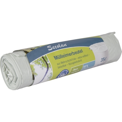 Rolle mit Secolan Müllbeuteln (35 l), verpackt und mit Informationen auf dem Etikett.
