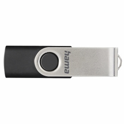 USB-Stick mit Drehmechanismus und Öse zur Befestigung, in schwarzem und silbernem Design.