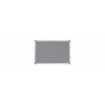Grau textile Pinnwand in rechteckiger Form mit silbernem Rahmen, nutzbar im Quer- oder Hochformat.