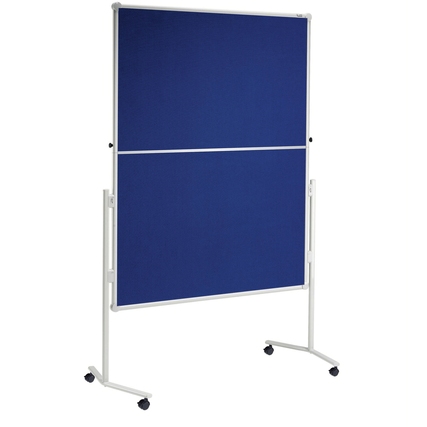 Zusammenklappbare Moderationstafel in Blau mit Rollen und stabiler, weißer Oberfläche.